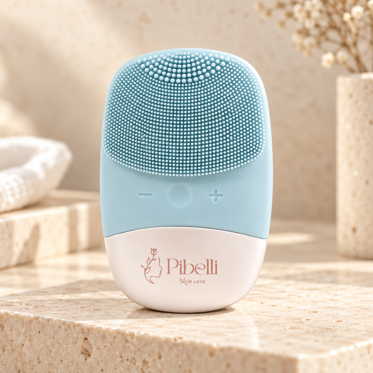 Pibelli skin care facial cleansing device in light blue and white, resting on a beige stone surface with a softly blurred bathroom background.