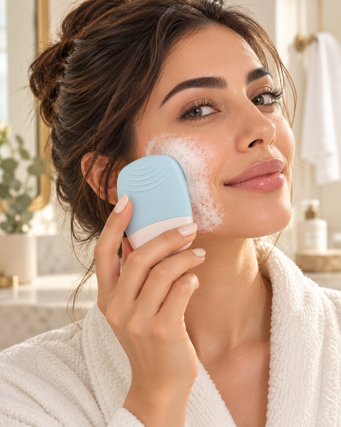 A woman in a white bathrobe using a light blue and white facial cleansing device on her face, with white cleanser foam applied. The background shows a softly blurred, bright bathroom interior.