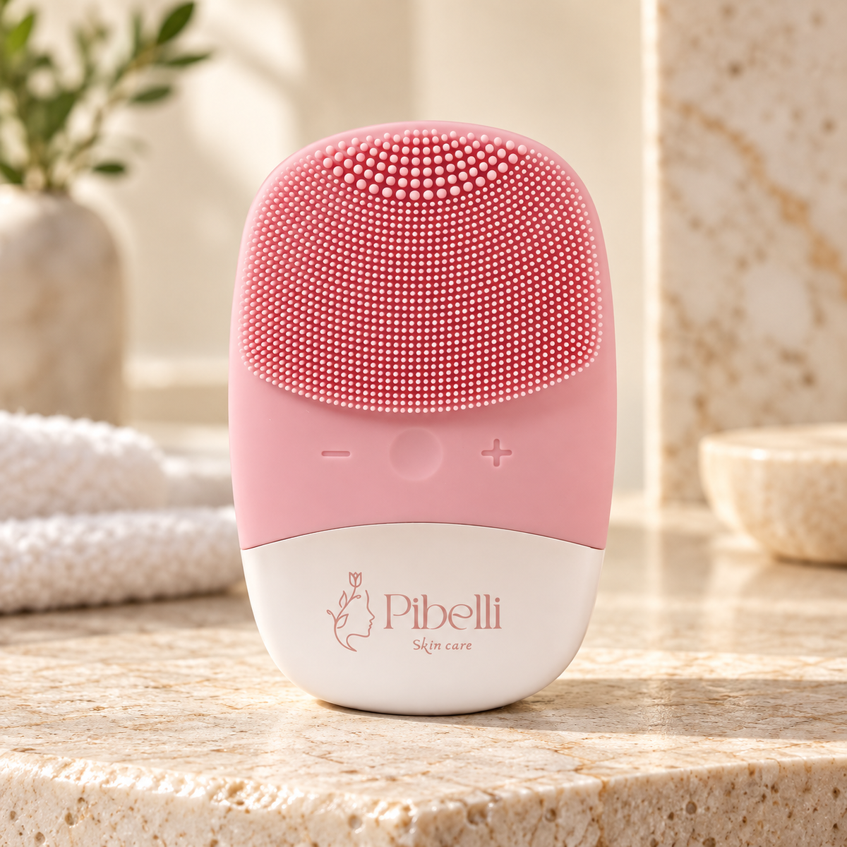 Pibelli Skin Care pink and white facial cleansing device standing on a beige stone countertop with a soft, blurred bathroom background.